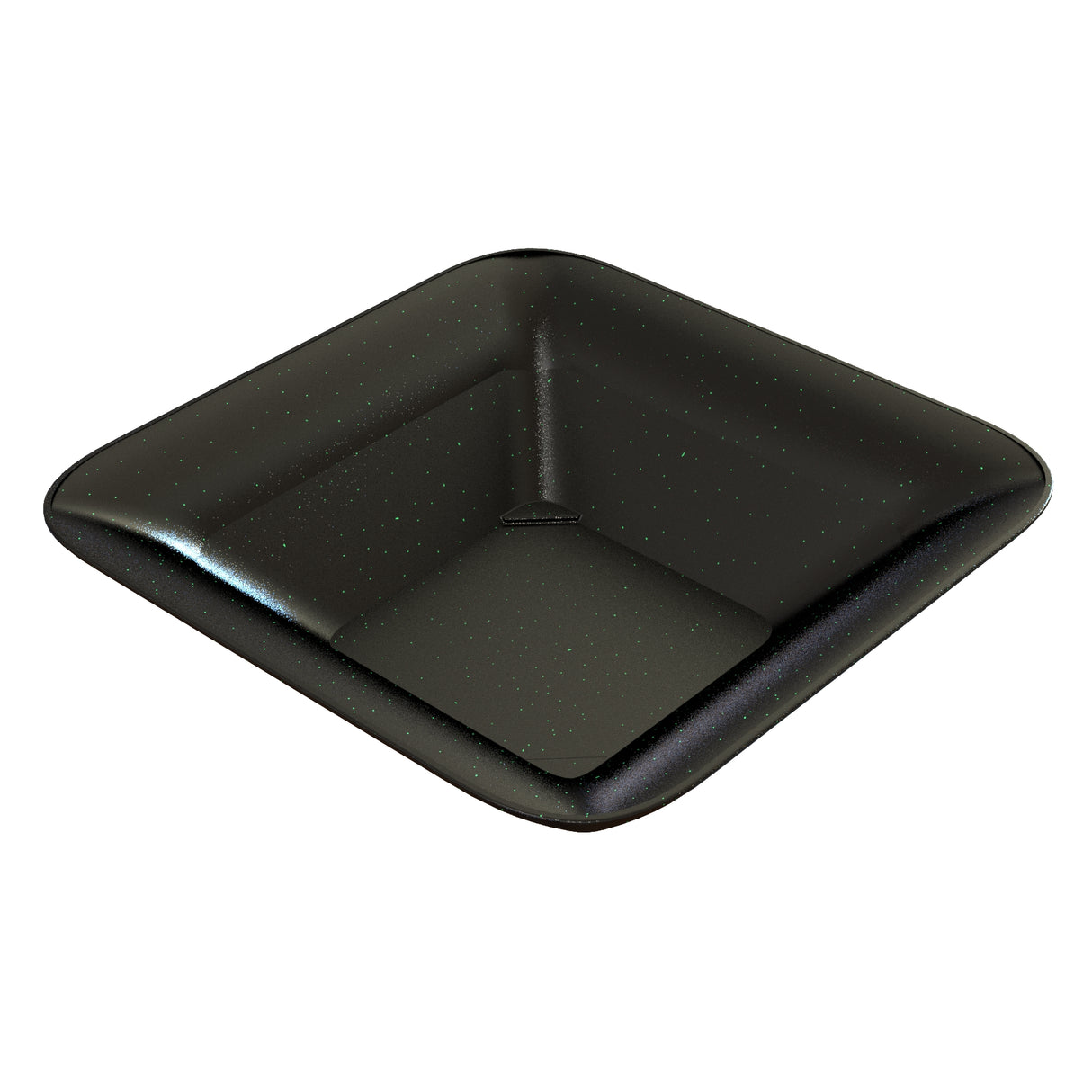 A square, deep black cast aluminum bowl with slightly rounded edges and a glossy finish. Subtle white speckles give it a metallic, starry look. This dishwasher safe bowl is empty and pictured against a white background.