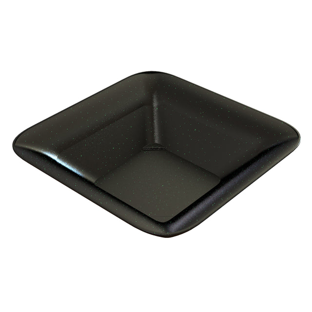 A square, deep black cast aluminum bowl with slightly rounded edges and a glossy finish. Subtle white speckles give it a metallic, starry look. This dishwasher safe bowl is empty and pictured against a white background.