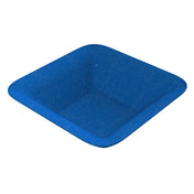 A blue, square-shaped, shallow tray with smooth, rounded edges and a matte finish—crafted as a cold holding bowl—viewed at an angle that reveals its depth. The empty tray sits against a plain white background.