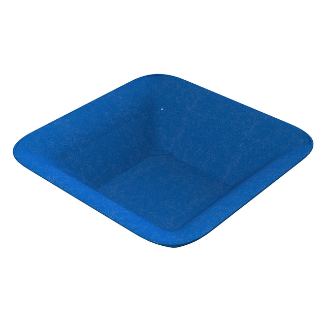 A blue, square-shaped, shallow tray with smooth, rounded edges and a matte finish—crafted as a cold holding bowl—viewed at an angle that reveals its depth. The empty tray sits against a plain white background.