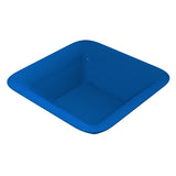 A blue, square-shaped, shallow tray with rounded edges and corners. Made from cast aluminum, this bowl is smooth, evenly colored, dishwasher safe, and viewed from above to show its flat base and inner sides.