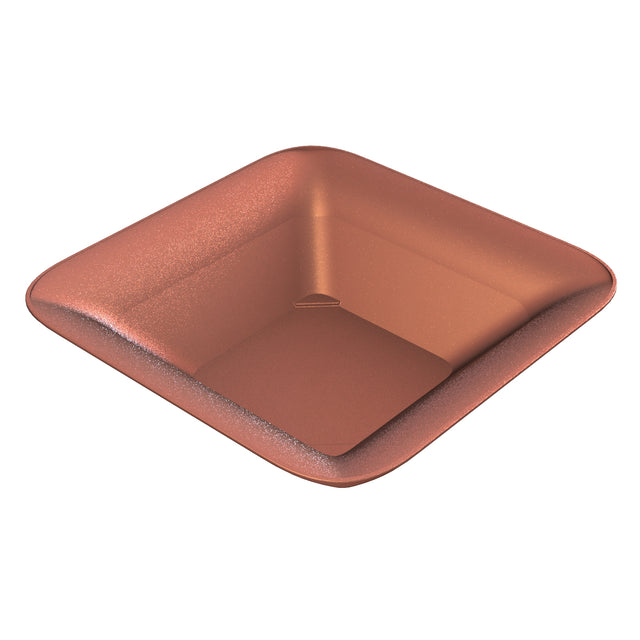 A square, shallow cast aluminum bowl with rounded edges and a smooth, matte copper finish. Its sides gently slope upward, and the surface appears seamless and unadorned, reflecting light softly against a plain white background.
