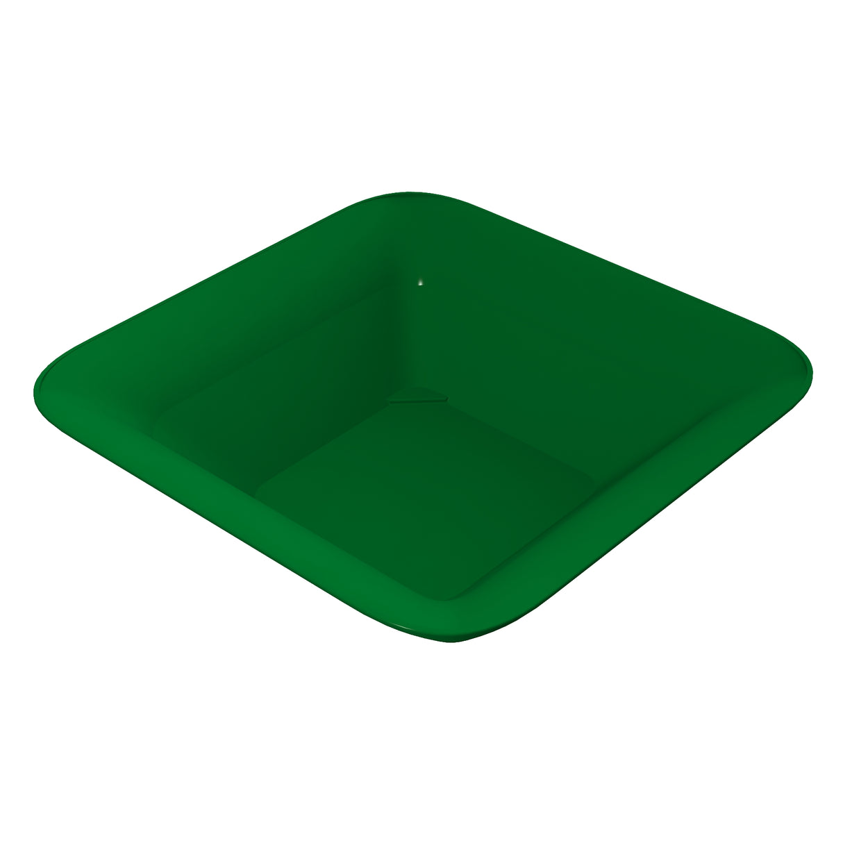 A green, square-shaped, shallow NSF bowl with rounded corners and smooth edges, viewed from a slightly elevated angle against a white background. The interior is empty and the glossy surface adds to its clean appearance.