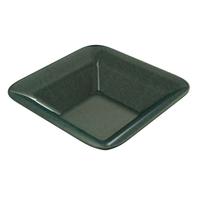 A dark green, square-shaped cold holding bowl with rounded edges and a glossy finish. The bowl has slightly sloped sides, a smooth surface, and is dishwasher safe. Its interior and exterior are uniformly colored, sitting on a white background.