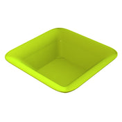 A square, lime-green cold holding bowl with smooth, rounded edges and slightly raised sides. The NSF bowl is empty and is pictured against a plain white background, viewed from a slightly elevated angle.