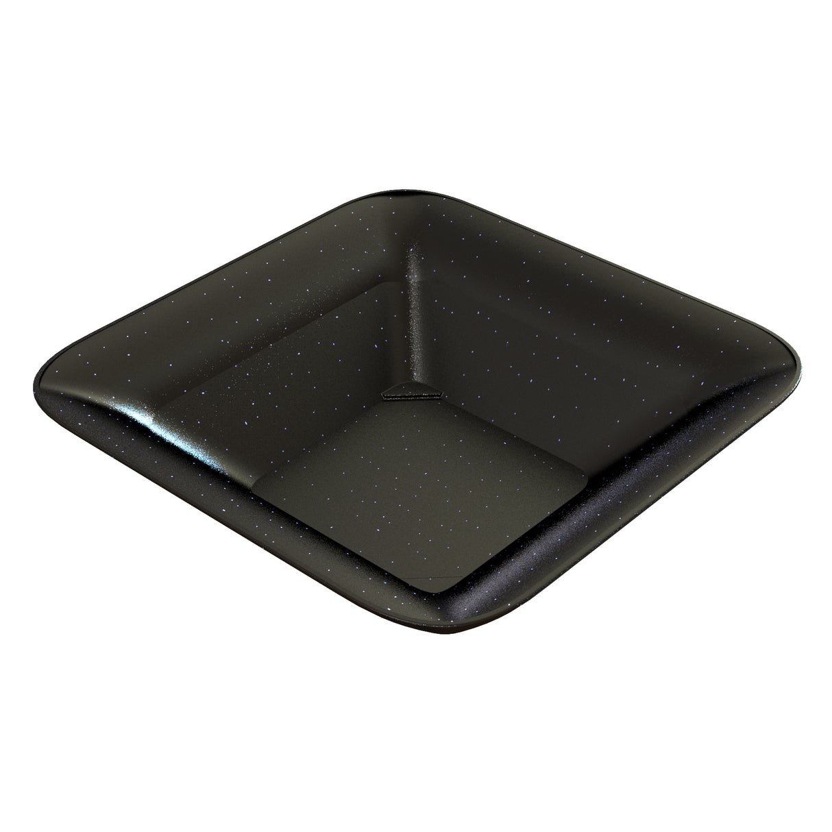 A square-shaped, shallow cast aluminum bowl with rounded edges and a slightly raised rim, featuring a shiny surface speckled with tiny white dots that resemble stars. This cold holding bowl is empty and shown against a plain white background.
