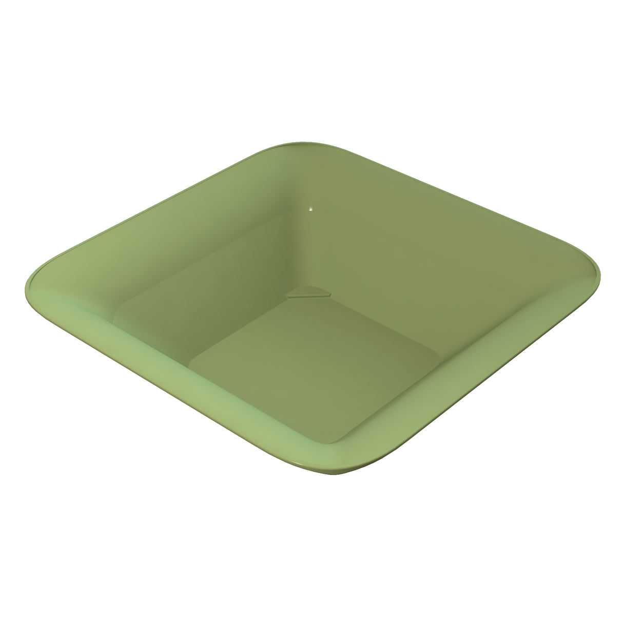A square, olive green cast aluminum bowl with rounded corners and slightly raised edges. The bowl has a smooth, glossy surface, is dishwasher safe, and appears empty. It is shown on a plain white background.