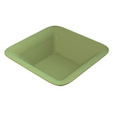 A square, olive green cast aluminum bowl with rounded corners and slightly raised edges. The bowl has a smooth, glossy surface, is dishwasher safe, and appears empty. It is shown on a plain white background.