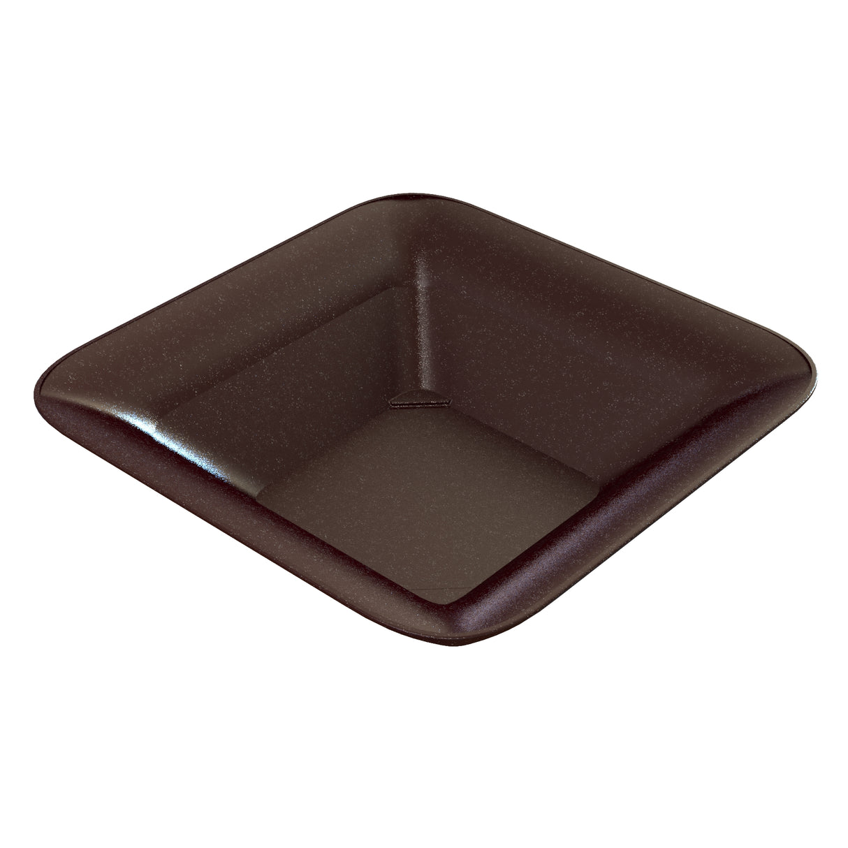 A square, shallow, dark brown cast aluminum bowl with rounded corners and smooth, slightly sloped sides, shown against a white background. The glossy finish gives this cold holding bowl a polished, modern look and it is dishwasher safe.