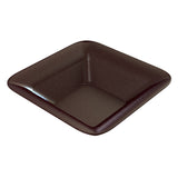 A square, shallow, dark brown cast aluminum bowl with rounded corners and smooth, slightly sloped sides, shown against a white background. The glossy finish gives this cold holding bowl a polished, modern look and it is dishwasher safe.