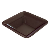 A square, shallow, dark brown cast aluminum bowl with rounded corners and smooth, slightly sloped sides, shown against a white background. The glossy finish gives this cold holding bowl a polished, modern look and it is dishwasher safe.