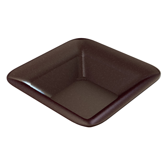 A square, shallow, dark brown cast aluminum bowl with rounded corners and smooth, slightly sloped sides, shown against a white background. The glossy finish gives this cold holding bowl a polished, modern look and it is dishwasher safe.