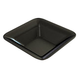 A glossy, black, square-shaped cast aluminum bowl with softly rounded corners and gently sloping sides. Tiny white speckles dot its surface, evoking granite. This empty, dishwasher safe dish sits elegantly on a white background.
