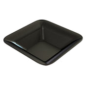 A glossy, black, square-shaped cast aluminum bowl with softly rounded corners and gently sloping sides. Tiny white speckles dot its surface, evoking granite. This empty, dishwasher safe dish sits elegantly on a white background.
