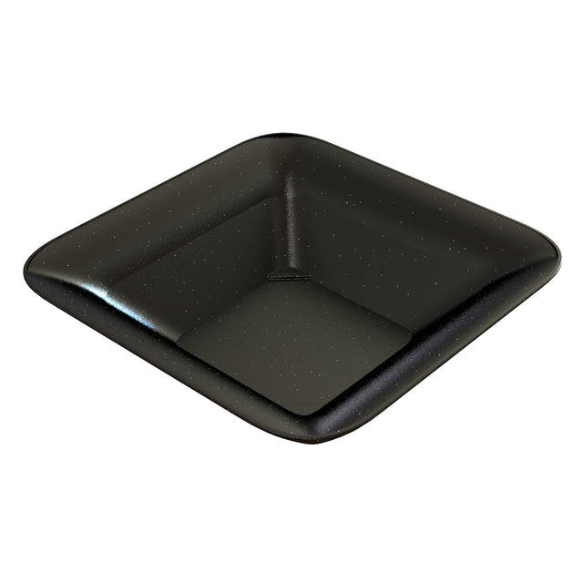 A glossy, black, square-shaped cast aluminum bowl with softly rounded corners and gently sloping sides. Tiny white speckles dot its surface, evoking granite. This empty, dishwasher safe dish sits elegantly on a white background.