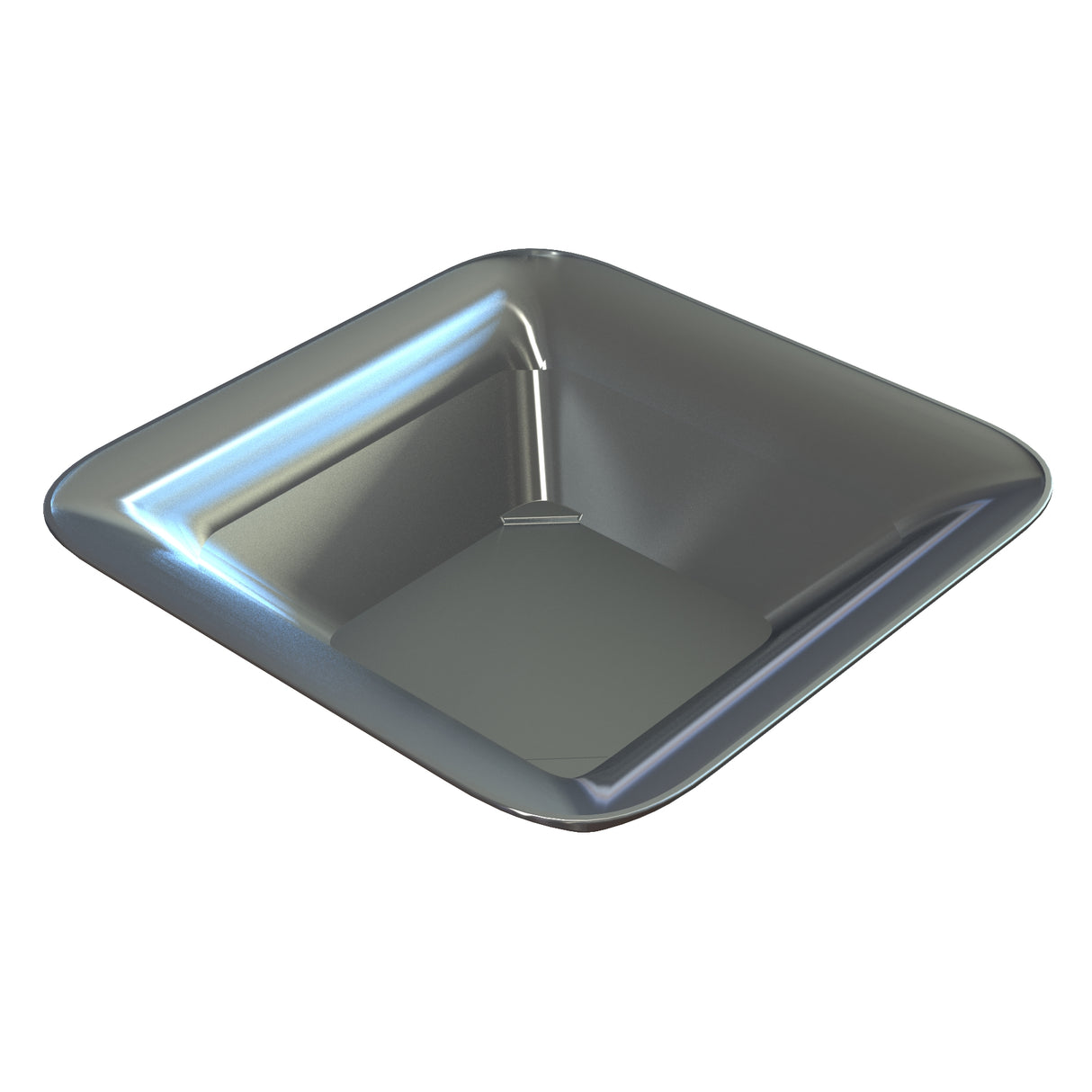 A shiny, empty, square-shaped cast aluminum bowl with slightly rounded edges and smooth reflective surfaces, viewed from an elevated angle against a white background.
