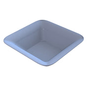 A shallow, square, light blue cast aluminum bowl with rounded corners and smooth edges, viewed from an angle above. The tray has slightly sloped sides and a flat bottom, creating a simple, minimalist appearance with soft reflections on its surface.