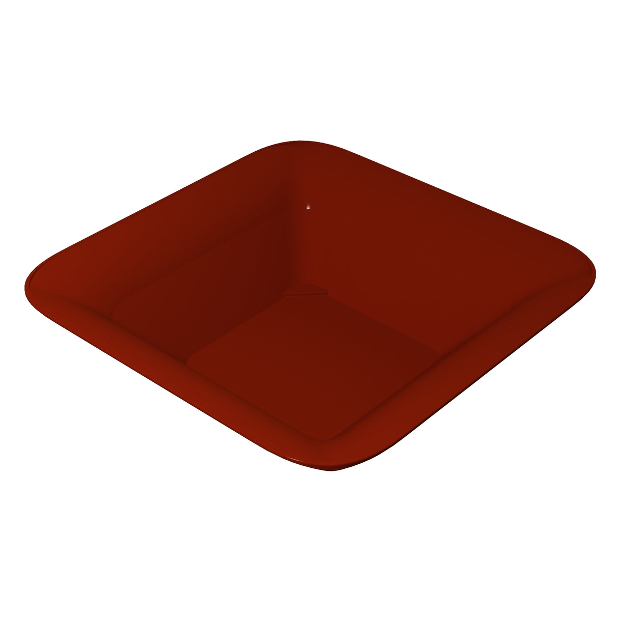 A deep, square-shaped cast aluminum bowl with rounded edges, shown in a glossy, solid dark red color. The empty bowl is dishwasher safe and placed on a plain white background, viewed from a slightly elevated angle.