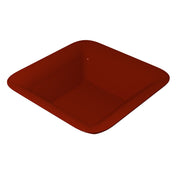 A deep, square-shaped cast aluminum bowl with rounded edges, shown in a glossy, solid dark red color. The empty bowl is dishwasher safe and placed on a plain white background, viewed from a slightly elevated angle.