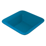 A blue, square-shaped cast aluminum bowl with rounded corners and smooth edges, viewed from a slightly elevated angle to reveal its depth. The matte surface is evenly colored, and the bowl is dishwasher safe for easy cleaning.