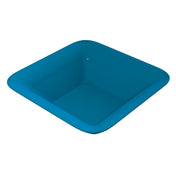 A blue, square-shaped cast aluminum bowl with rounded corners and smooth edges, viewed from a slightly elevated angle to reveal its depth. The matte surface is evenly colored, and the bowl is dishwasher safe for easy cleaning.