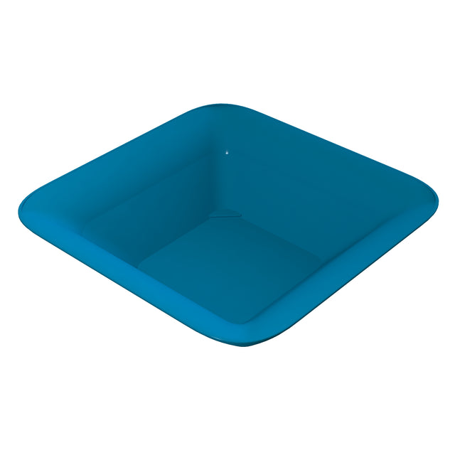 A blue, square-shaped cast aluminum bowl with rounded corners and smooth edges, viewed from a slightly elevated angle to reveal its depth. The matte surface is evenly colored, and the bowl is dishwasher safe for easy cleaning.