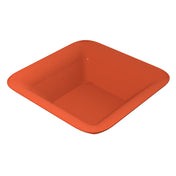 A bright orange, square-shaped cast aluminum bowl with rounded corners and smooth, glossy sides. The NSF dishwasher safe bowl is empty and seen from a top angle, highlighting its depth and clean, modern design on a plain white background.