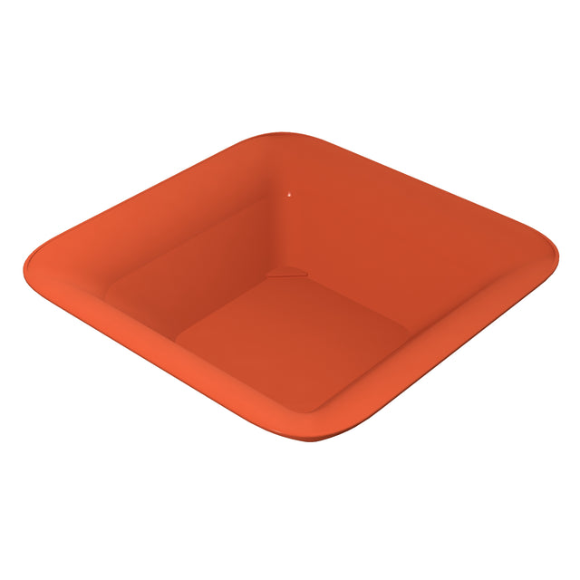 A bright orange, square-shaped cast aluminum bowl with rounded corners and smooth, glossy sides. The NSF dishwasher safe bowl is empty and seen from a top angle, highlighting its depth and clean, modern design on a plain white background.