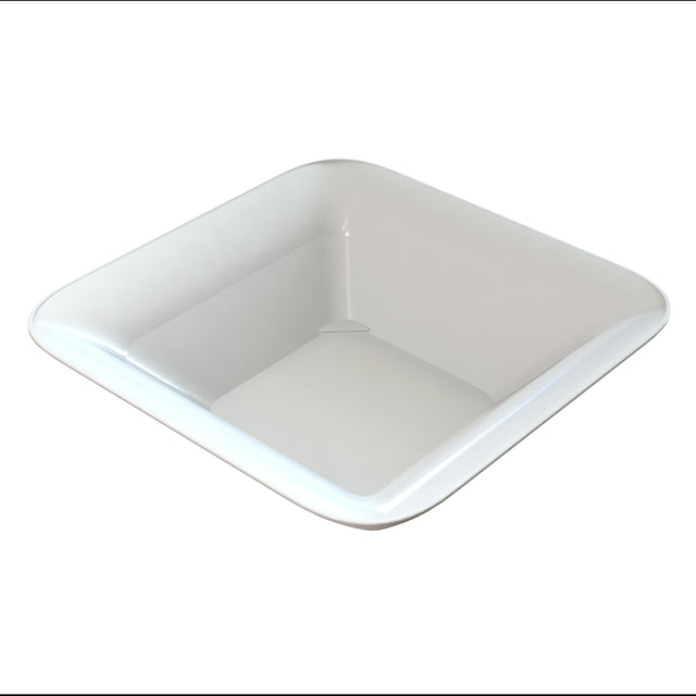 A square, shallow cast aluminum bowl with slightly rounded corners and glossy finish, photographed from a slightly raised angle on a plain white background. The dishwasher safe bowl appears empty and has smooth, clean lines.