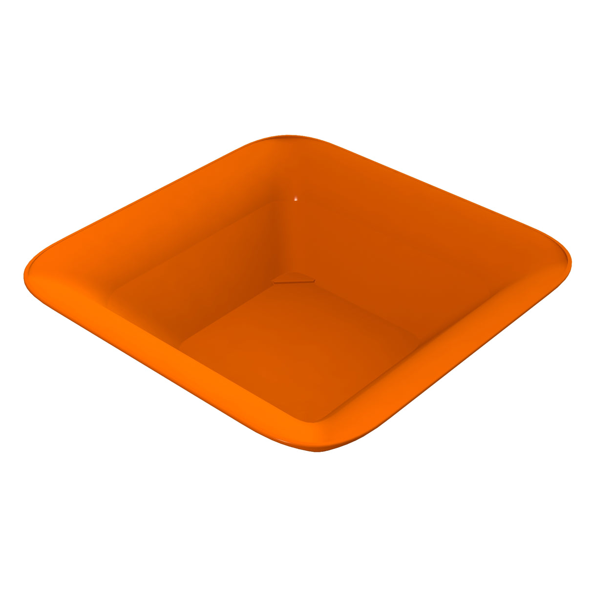 A square-shaped, shallow orange dish with rounded edges and a glossy surface, viewed from above at an angle on a white background. This dishwasher safe bowl appears empty and is made of smooth plastic or ceramic material.