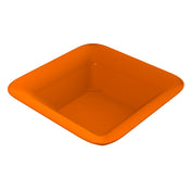 A square-shaped, shallow orange dish with rounded edges and a glossy surface, viewed from above at an angle on a white background. This dishwasher safe bowl appears empty and is made of smooth plastic or ceramic material.