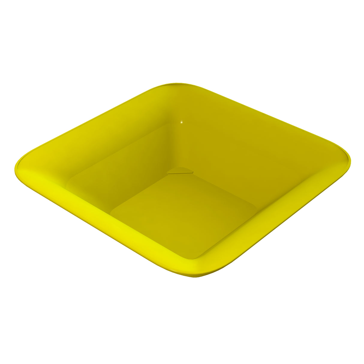 A bright yellow, square-shaped NSF dishwasher safe bowl with rounded edges and a glossy finish is shown on a white background. The bowl is empty and photographed from a slightly elevated angle, revealing its smooth, deep interior.