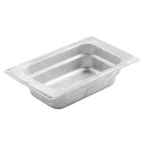 A rectangular, metallic, silver food pan with rounded corners and a wide rim. Made of cast aluminum, it features smooth, slightly sloped sides. Ideal for cold holding, the empty pan is shown angled on a white background.
