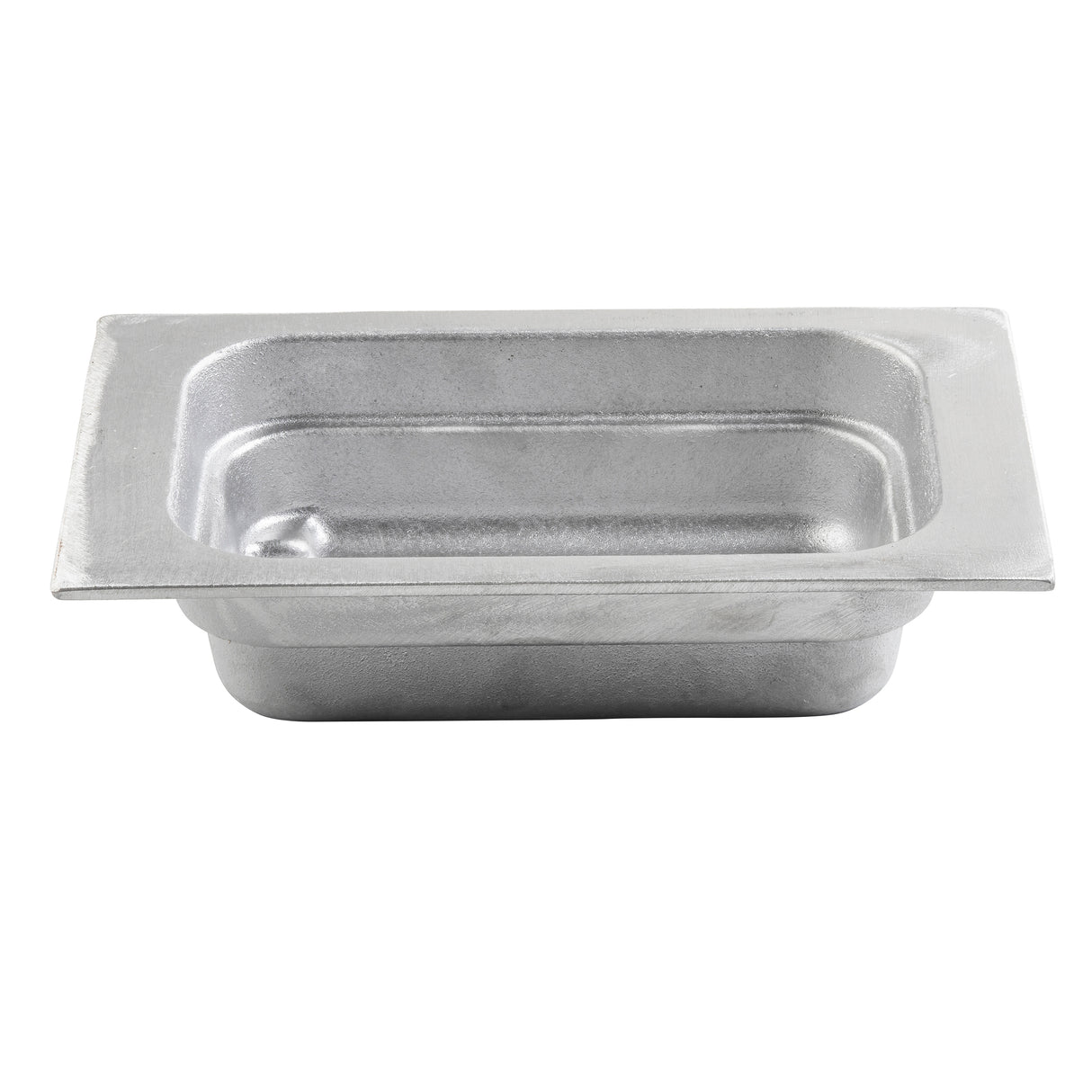 A rectangular, cast aluminum food pan with rounded corners and a wide rim. The empty, silver pan has a smooth, brushed surface and is ideal for cold holding. Photographed from a slightly elevated front angle against a white background.