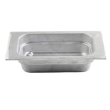 A rectangular, cast aluminum food pan with rounded corners and a wide rim. The empty, silver pan has a smooth, brushed surface and is ideal for cold holding. Photographed from a slightly elevated front angle against a white background.