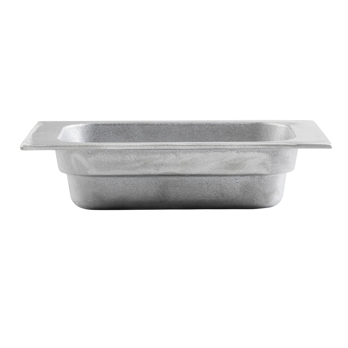 Rectangular stainless steel food pan with a flat rim and rounded corners, shown from the side against a white background. The pan’s shallow depth is ideal for cold holding and its smooth, slightly reflective metallic surface ensures easy cleaning.