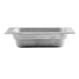 Rectangular stainless steel food pan with a flat rim and rounded corners, shown from the side against a white background. The pan’s shallow depth is ideal for cold holding and its smooth, slightly reflective metallic surface ensures easy cleaning.
