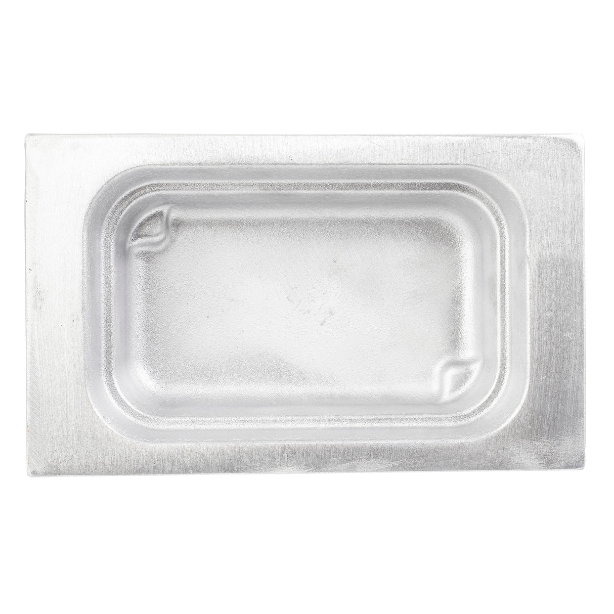 A rectangular, shallow cast aluminum tray with rounded corners and a raised rim, viewed from above. The surface is smooth with slight indentations in two corners, and the tray appears clean and empty. Ideal for cold holding or use as a food pan.