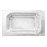 A rectangular, shallow cast aluminum tray with rounded corners and a raised rim, viewed from above. The surface is smooth with slight indentations in two corners, and the tray appears clean and empty. Ideal for cold holding or use as a food pan.