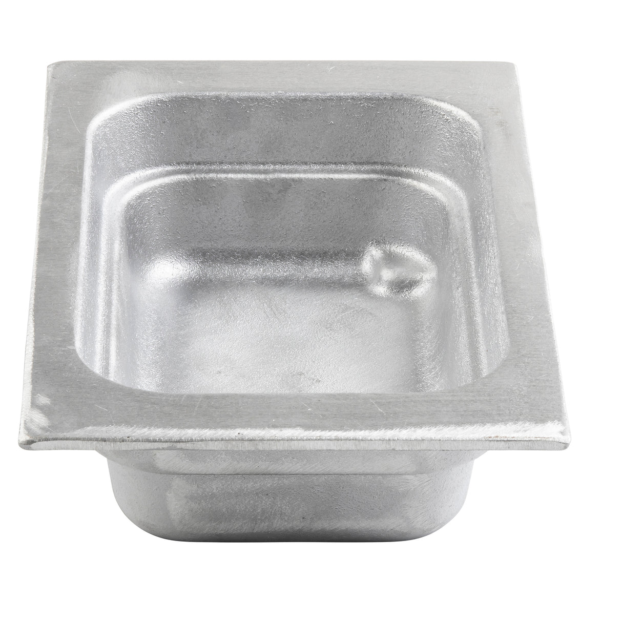A rectangular, shallow stainless steel food pan with rounded corners and a wide rim, commonly used in commercial kitchens for cold holding, storing, or serving food. The smooth, reflective metal surface has slight dimpling visible inside.