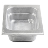 A rectangular, shallow stainless steel food pan with rounded corners and a wide rim, commonly used in commercial kitchens for cold holding, storing, or serving food. The smooth, reflective metal surface has slight dimpling visible inside.