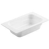 A rectangular, white plastic food pan with rounded inner edges and a flat, wide rim. The perspective is angled, showing the depth and smooth surface of the pan, ideal for cold holding. The background is plain white.