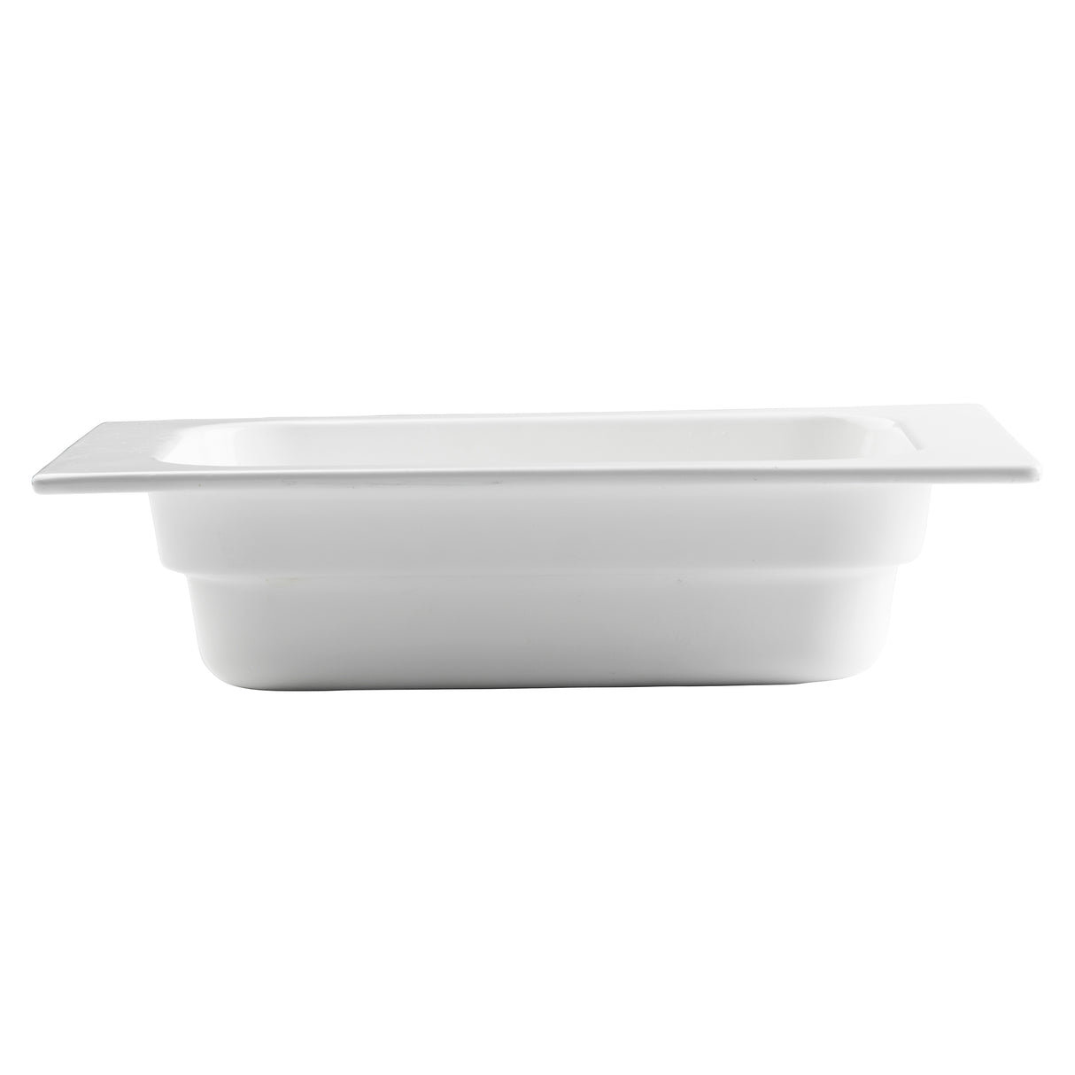 A white rectangular food pan, made of smooth plastic or ceramic, is shown from the side on a plain white background. Ideal for cold holding, the pan has straight sides, rounded edges, and a wide, flat rim extending outward from the top.