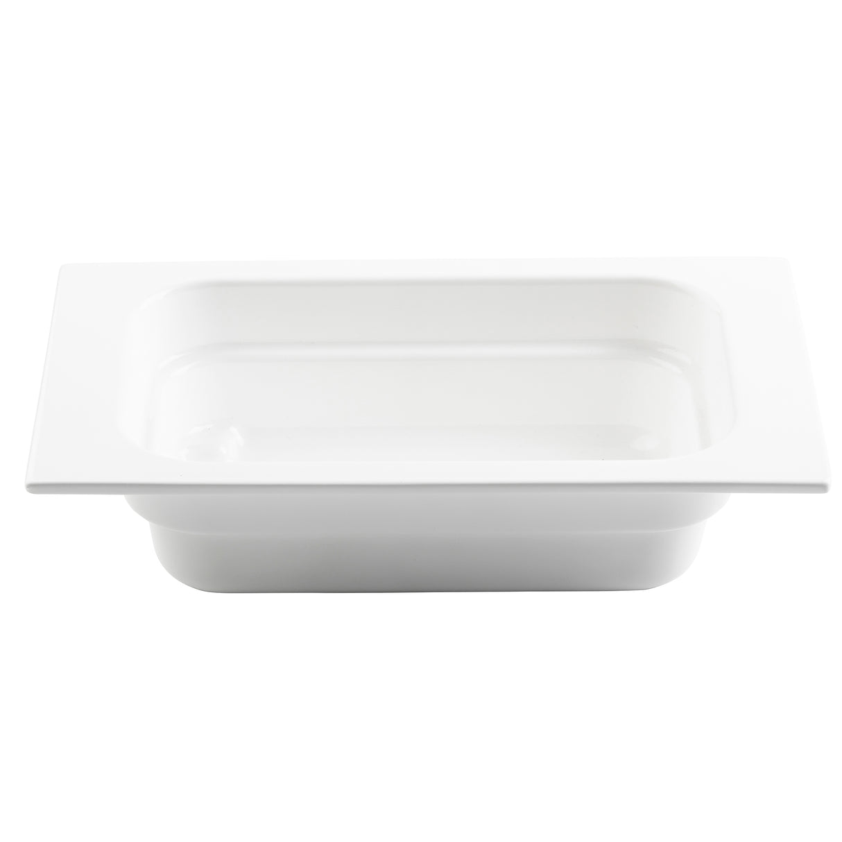 A rectangular white ceramic or porcelain food pan with a broad rim and shallow interior, viewed from a slight angle with the top and side edges visible. The dish is empty and set against a plain white background.