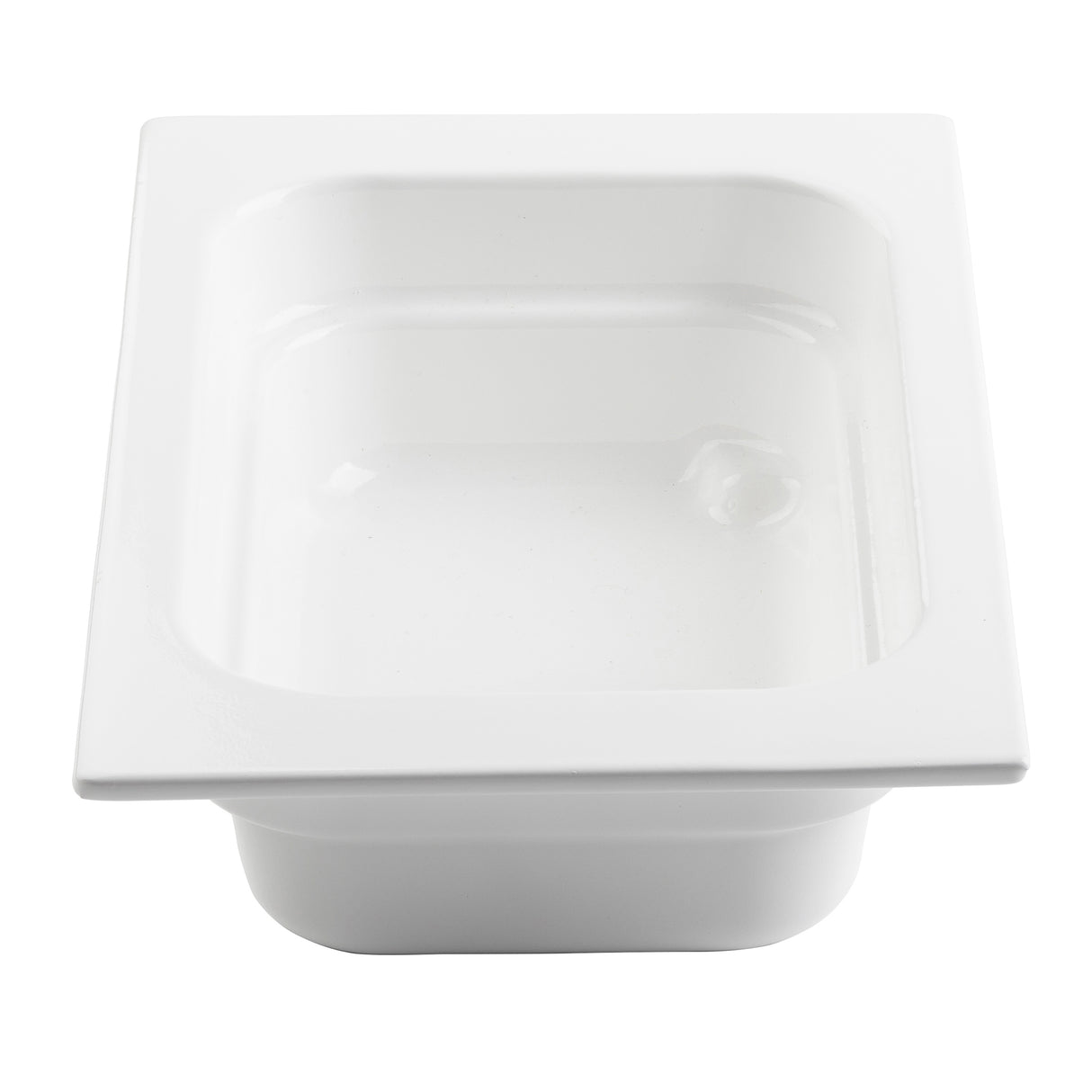 A white, rectangular plastic food pan with rounded corners and a wide, flat rim, shown on a plain white background. Ideal for cold holding, the empty pan features smooth, shiny surfaces and slightly raised edges around the top.