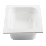 A white, rectangular plastic food pan with rounded corners and a wide, flat rim, shown on a plain white background. Ideal for cold holding, the empty pan features smooth, shiny surfaces and slightly raised edges around the top.
