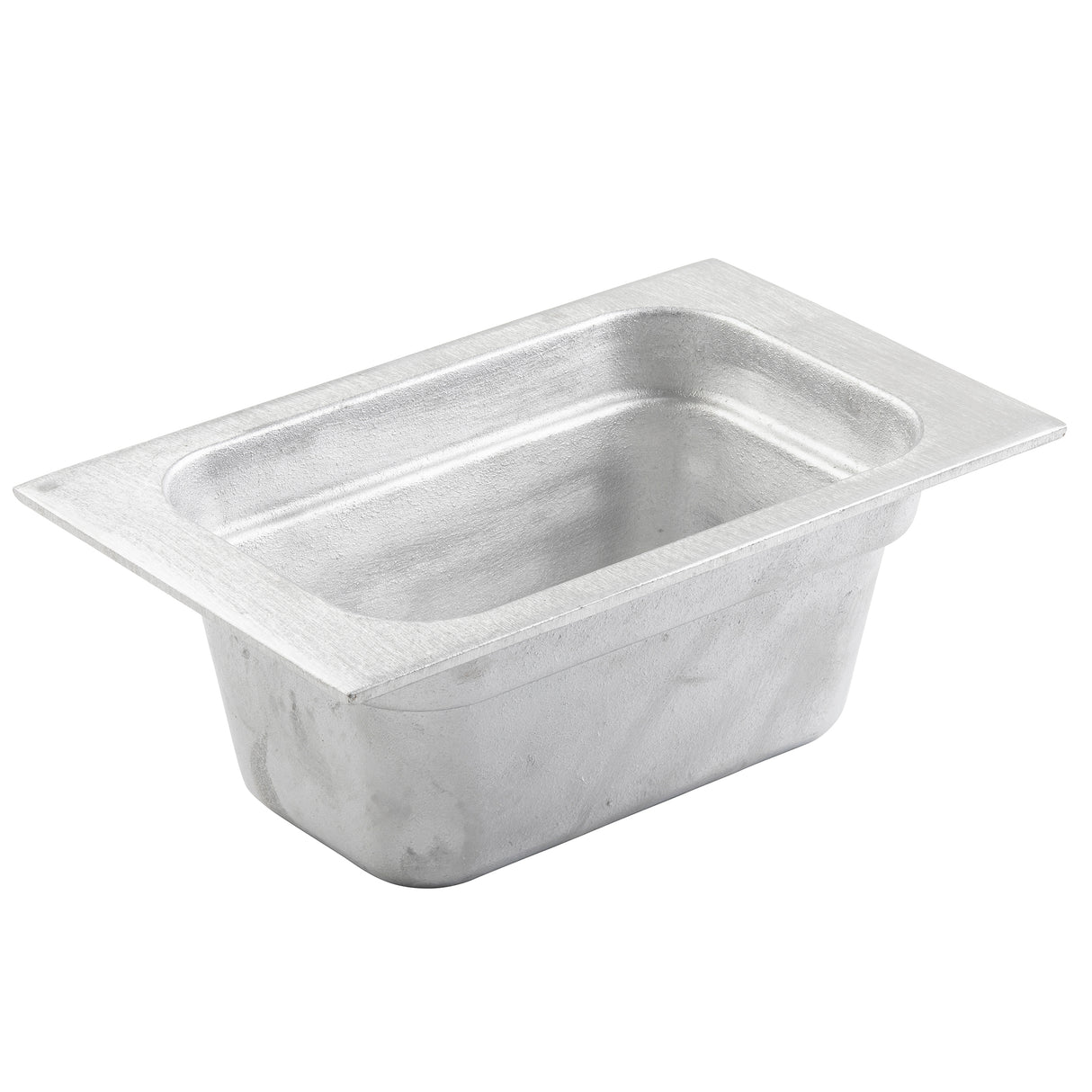 A rectangular, silver cast aluminum food pan with rounded corners and a wide flat rim, commonly used in commercial kitchens for cold holding or serving food. The brushed, slightly textured surface is empty and photographed against a white background.