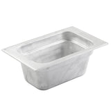 A rectangular, silver cast aluminum food pan with rounded corners and a wide flat rim, commonly used in commercial kitchens for cold holding or serving food. The brushed, slightly textured surface is empty and photographed against a white background.