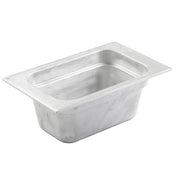 A rectangular, silver cast aluminum food pan with rounded corners and a wide flat rim, commonly used in commercial kitchens for cold holding or serving food. The brushed, slightly textured surface is empty and photographed against a white background.