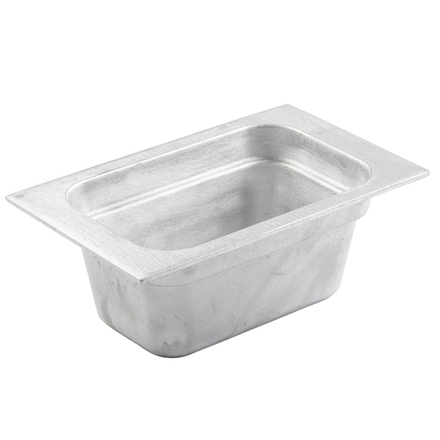A rectangular, silver cast aluminum food pan with rounded corners and a wide flat rim, commonly used in commercial kitchens for cold holding or serving food. The brushed, slightly textured surface is empty and photographed against a white background.